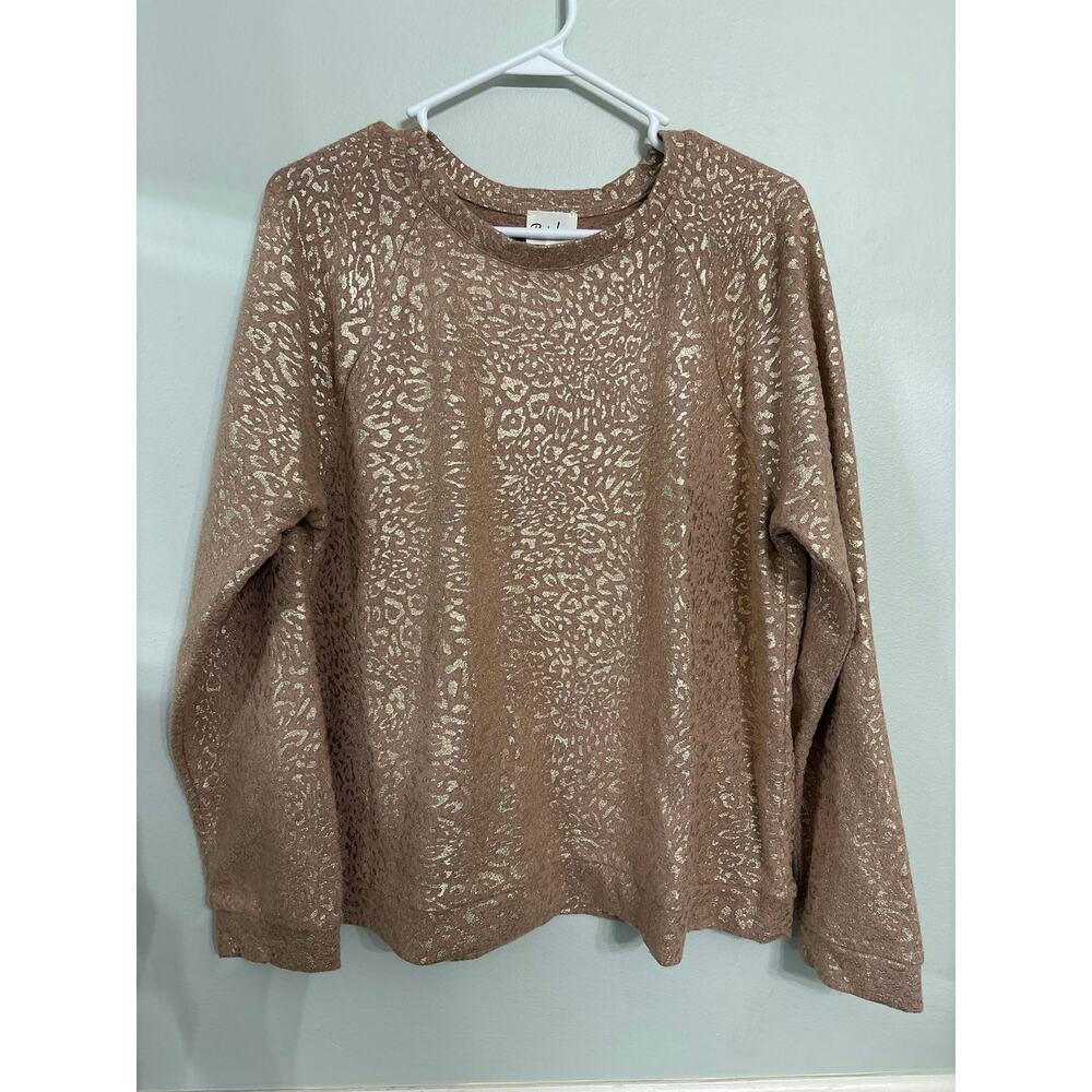 Remi James NYC Metallic Leopard Print Sweatshirt XL Brown Gold Cozy Pullover